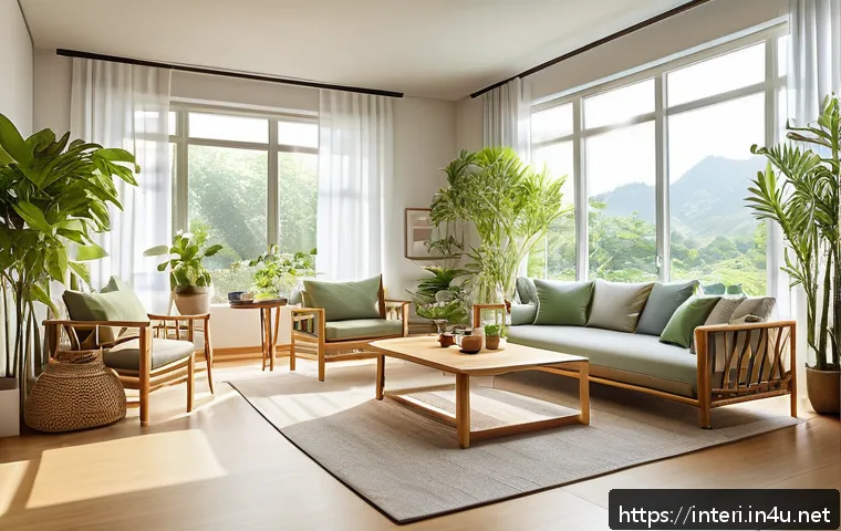 실내건축에서 최신 트렌드 반영법 - A bright, eco-friendly living room flooded with natural sunlight through large floor-to-ceiling wind...