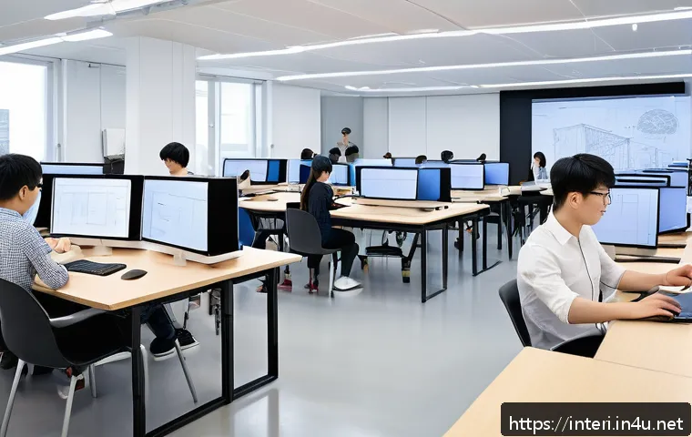 실내건축 전문가가 되기 위한 연수 과정 - A modern indoor architecture classroom scene showing students learning both traditional drafting by ...