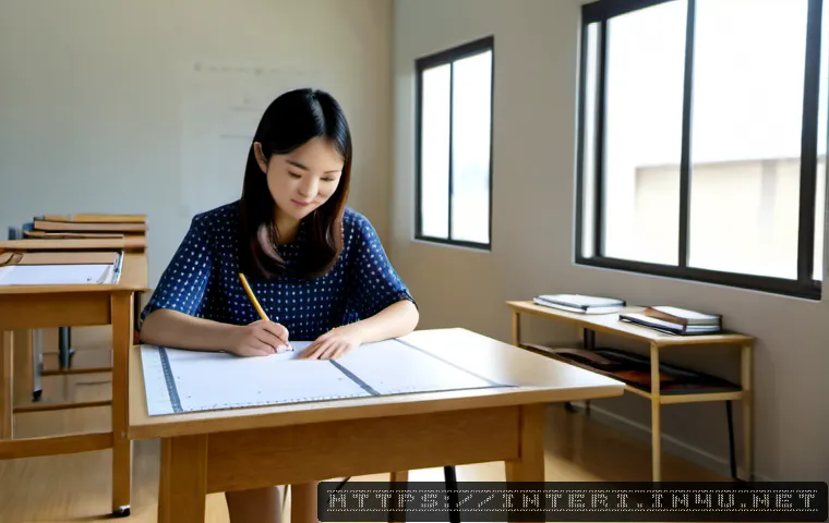 실내건축 실기 시험의 모범 사례 - Photorealistic interior architecture practical exam workspace, neatly organized drafting table with ...