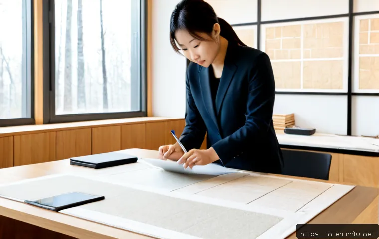 실내건축 디자인 트렌드와 실무 적용 - Photorealistic contemporary interior design studio, experienced architect reviewing material samples...