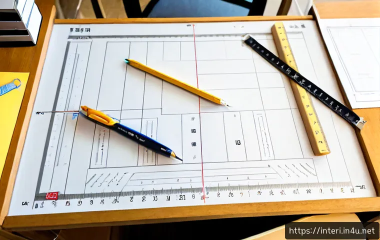 Home 17 실내건축 실기 시험 준비를 위한 체크리스트 - Photorealistic overhead view of an interior architecture practical exam preparation desk, neatly arr...