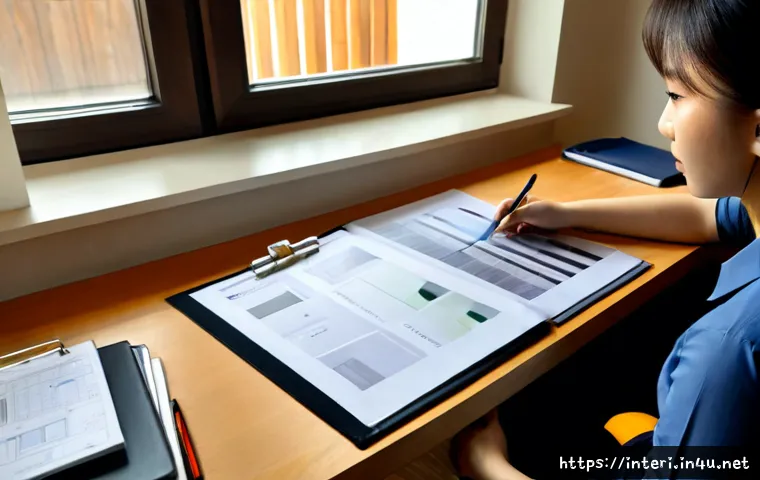 Home 17 실내건축 이직을 준비하는 구체적 계획 - Photorealistic interior architect preparing for a career transition at a clean home office, a profes...